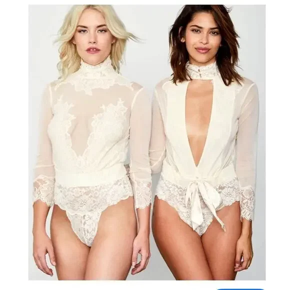 We Are HAH Take HAH Bow Reversible Bodysuit Creme Shear Lace Plunge NWT size M - Picture 3 of 15